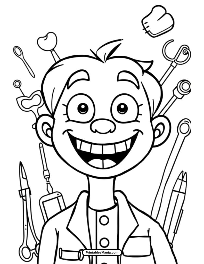 dentist coloring page with a smiling dentist and happy tooth