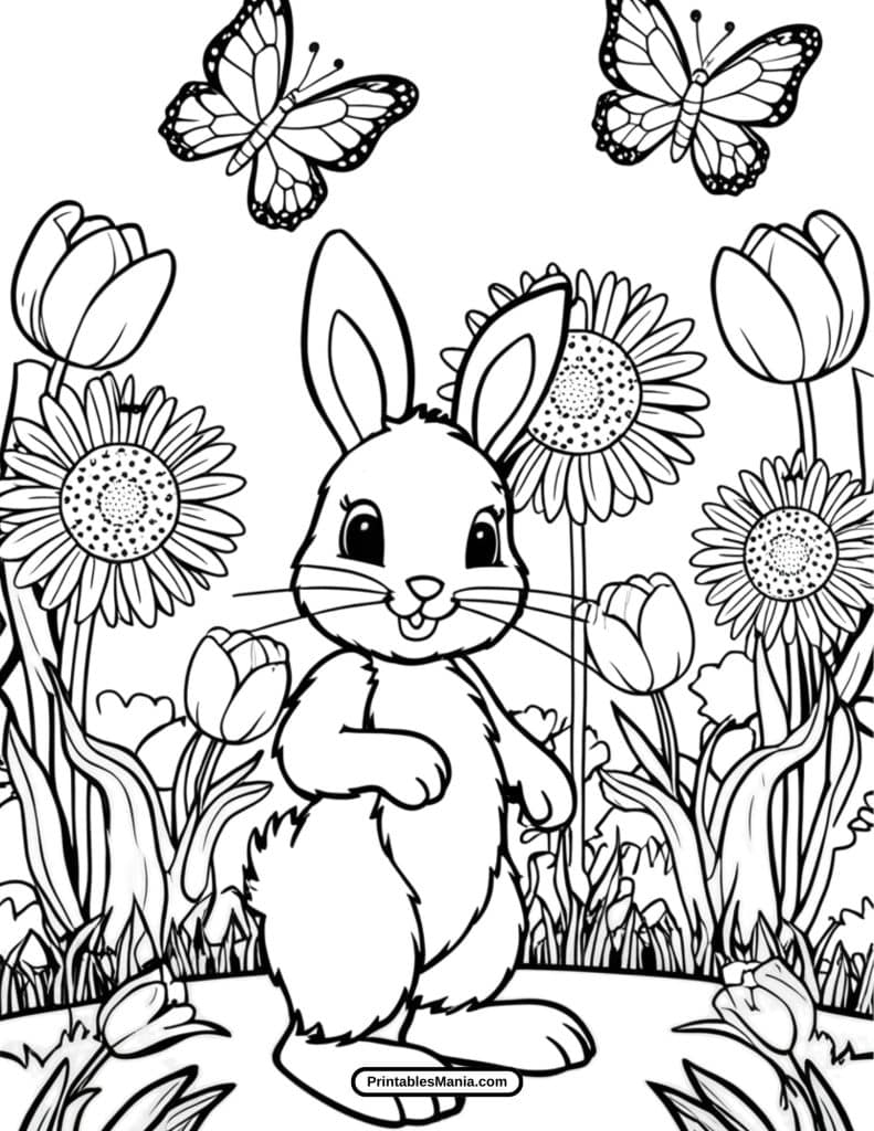 bunny coloring page in a meadow