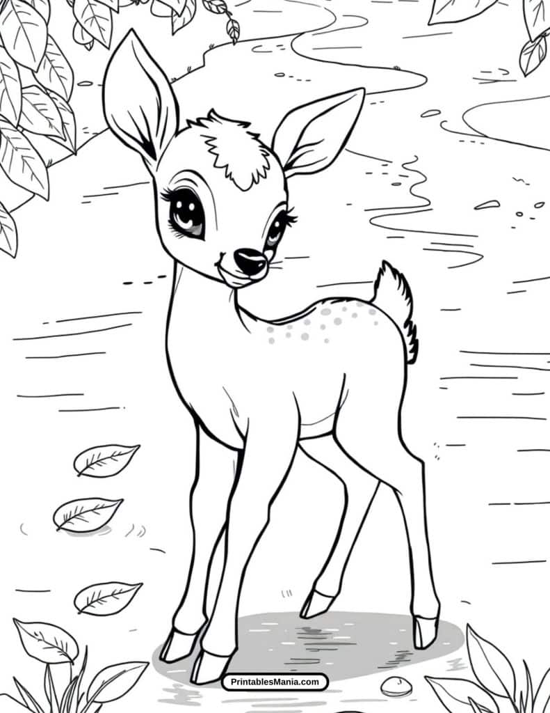 easy fawn and flowers coloring page for kids