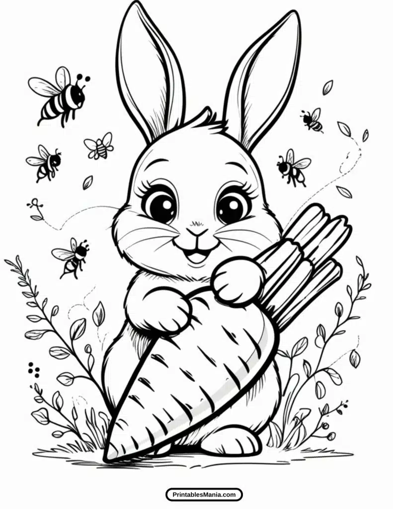 funny bunny holding a carrot coloring page for kids