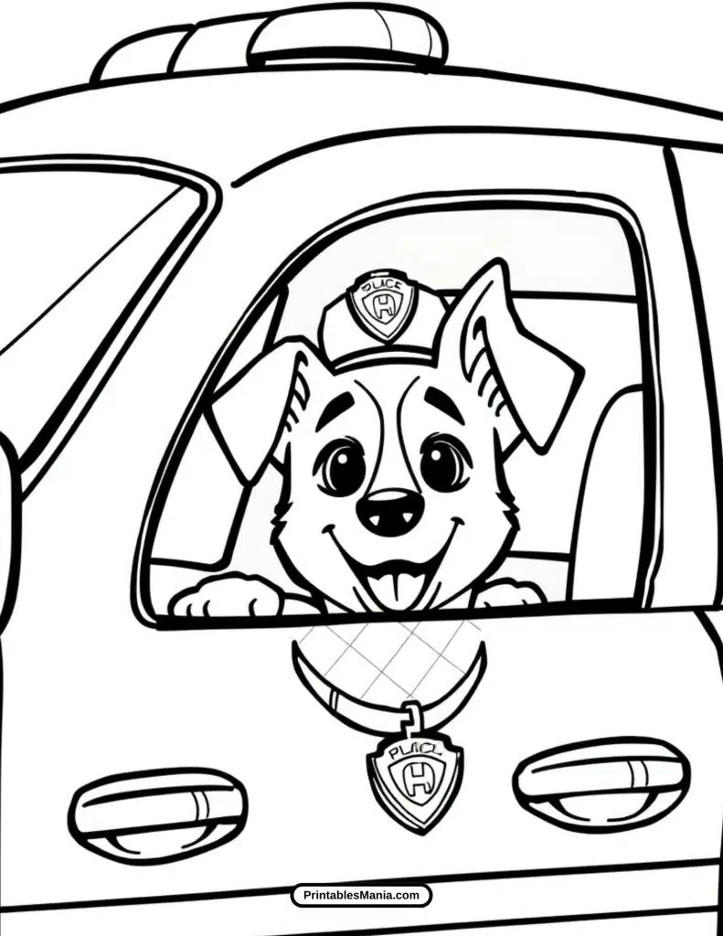 police car coloring page with a police dog