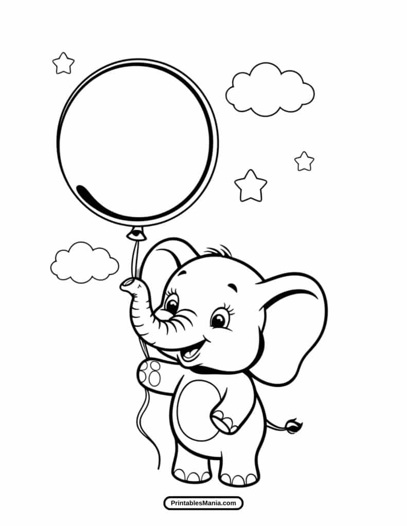 cute elephant with balloons coloring sheet