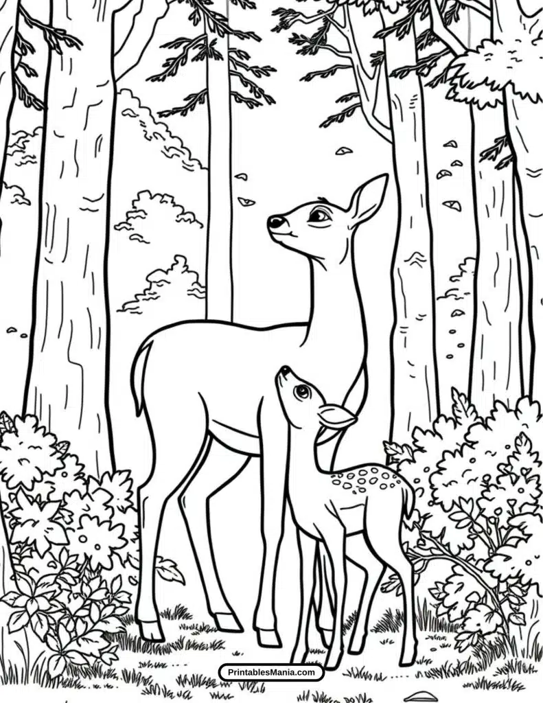 baby deer with mother printable coloring page