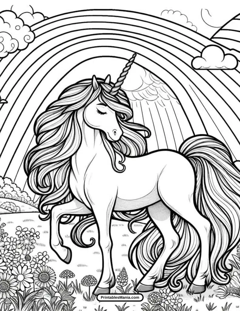 free unicorn silhouette in a meadow coloring sheet