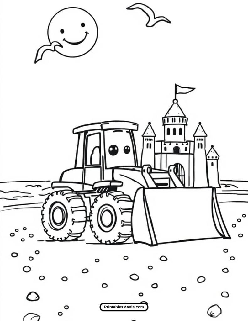 bulldozer at a construction site coloring page with fun details