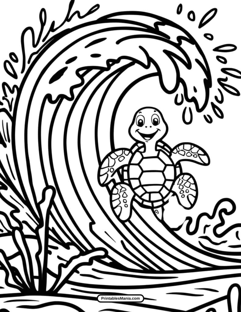 sea turtle floating in waves coloring design