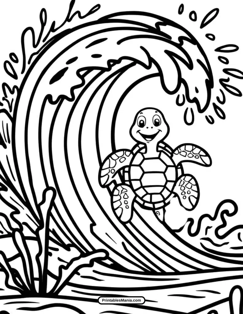 sea turtle floating in waves coloring design