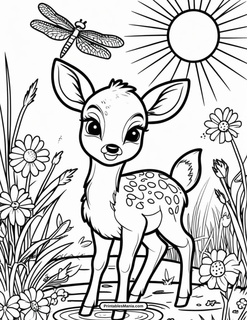 deer standing in a blooming meadow coloring sheet