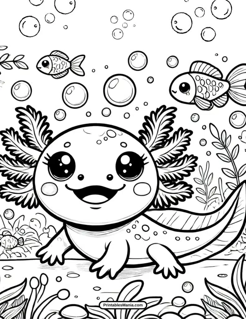 axolotl in fantasy underwater world coloring sheet