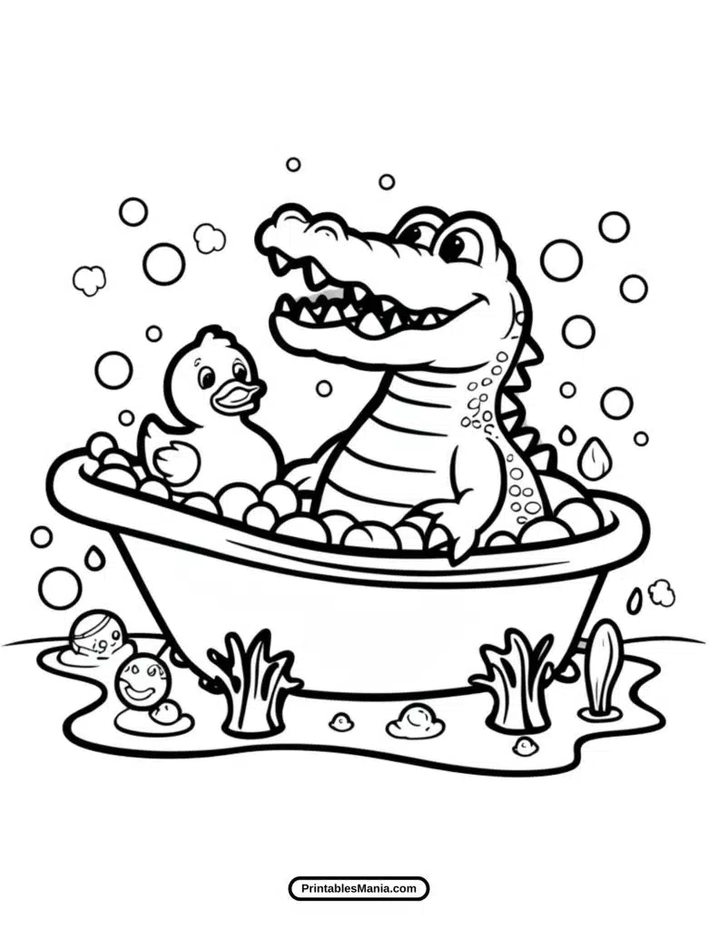 cute crocodile splashing in water coloring sheet