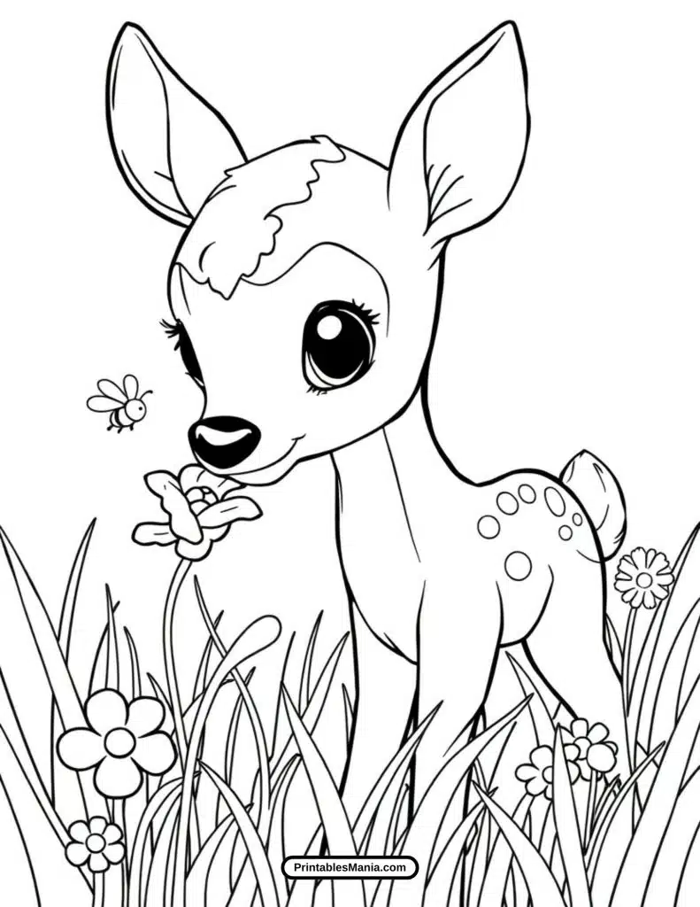 easy fawn and flowers coloring page for kids