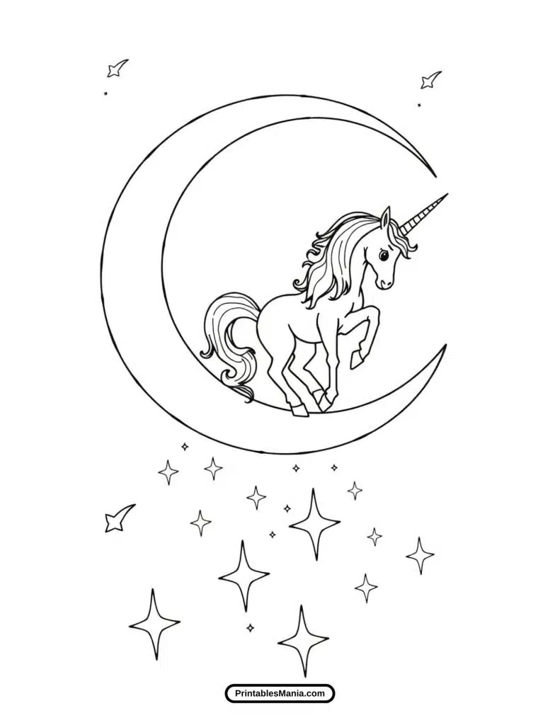 dreamy unicorn under a crescent moon coloring sheet