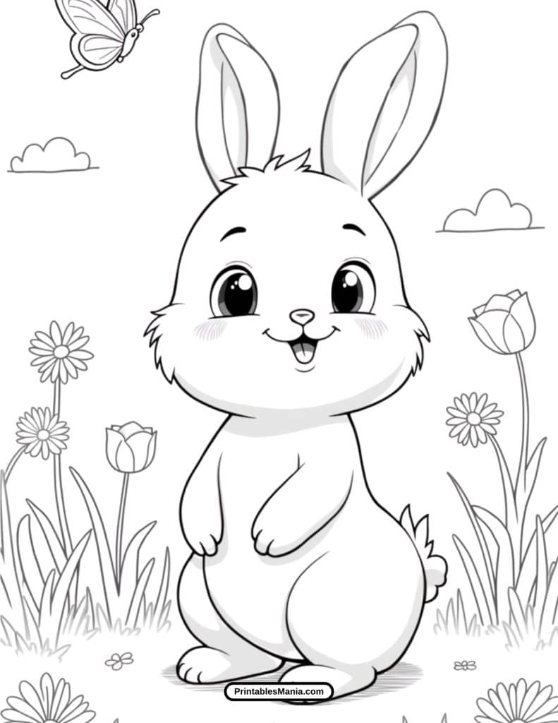 bunny coloring page with big eyes and a fluffy tail