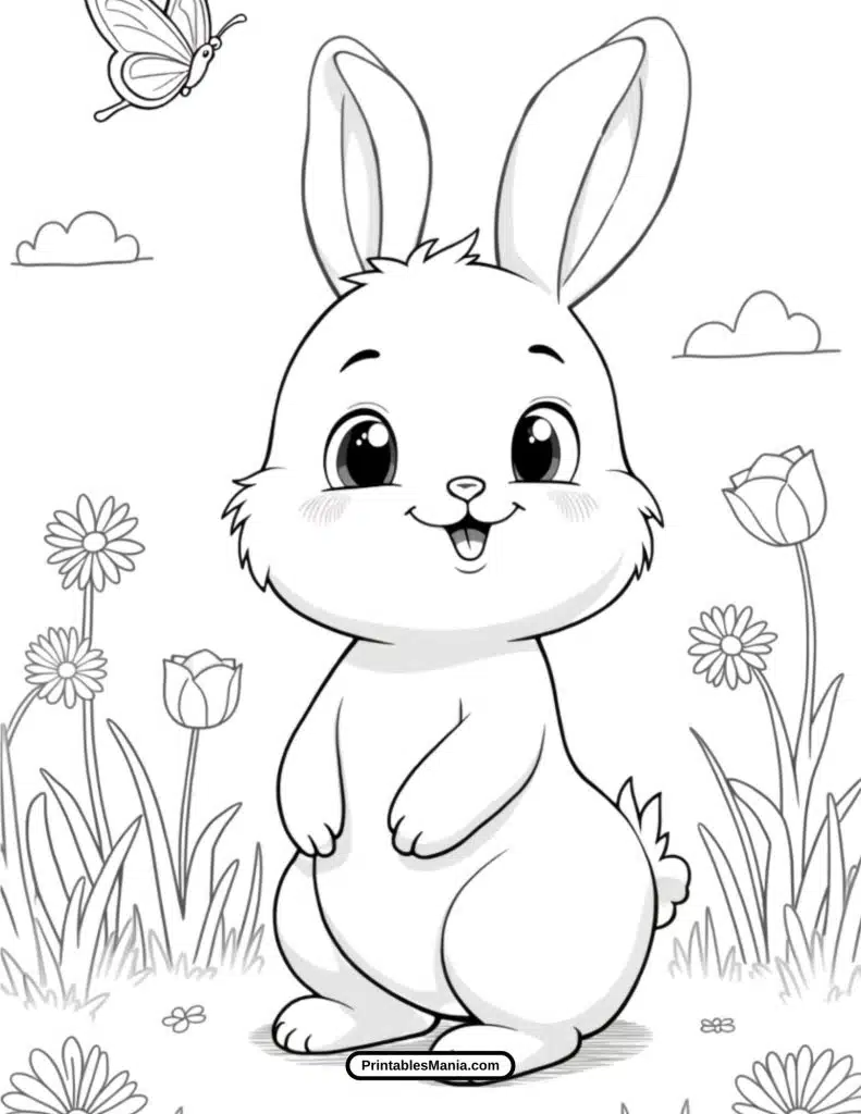 bunny coloring page with big eyes and a fluffy tail