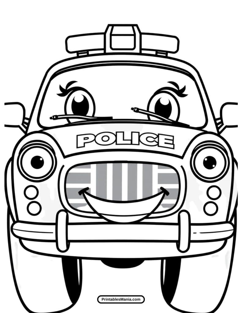 cartoon cop car coloring page with a smiling face