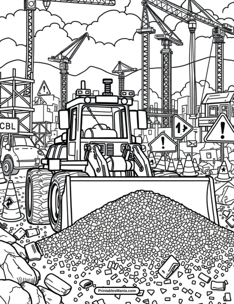 big bulldozer coloring page with heavy equipment details