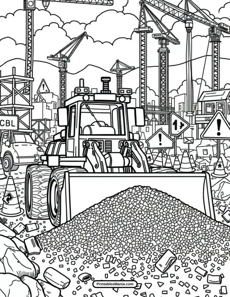 big bulldozer coloring page with heavy equipment details