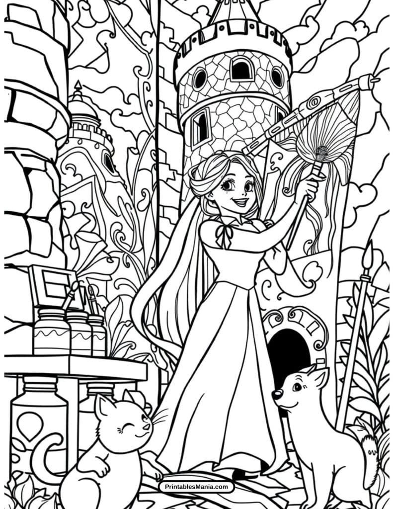 rapunzel storybook scene coloring sheet