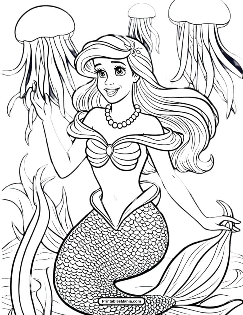 elegant ariel coloring page featuring a beautiful ocean backdrop