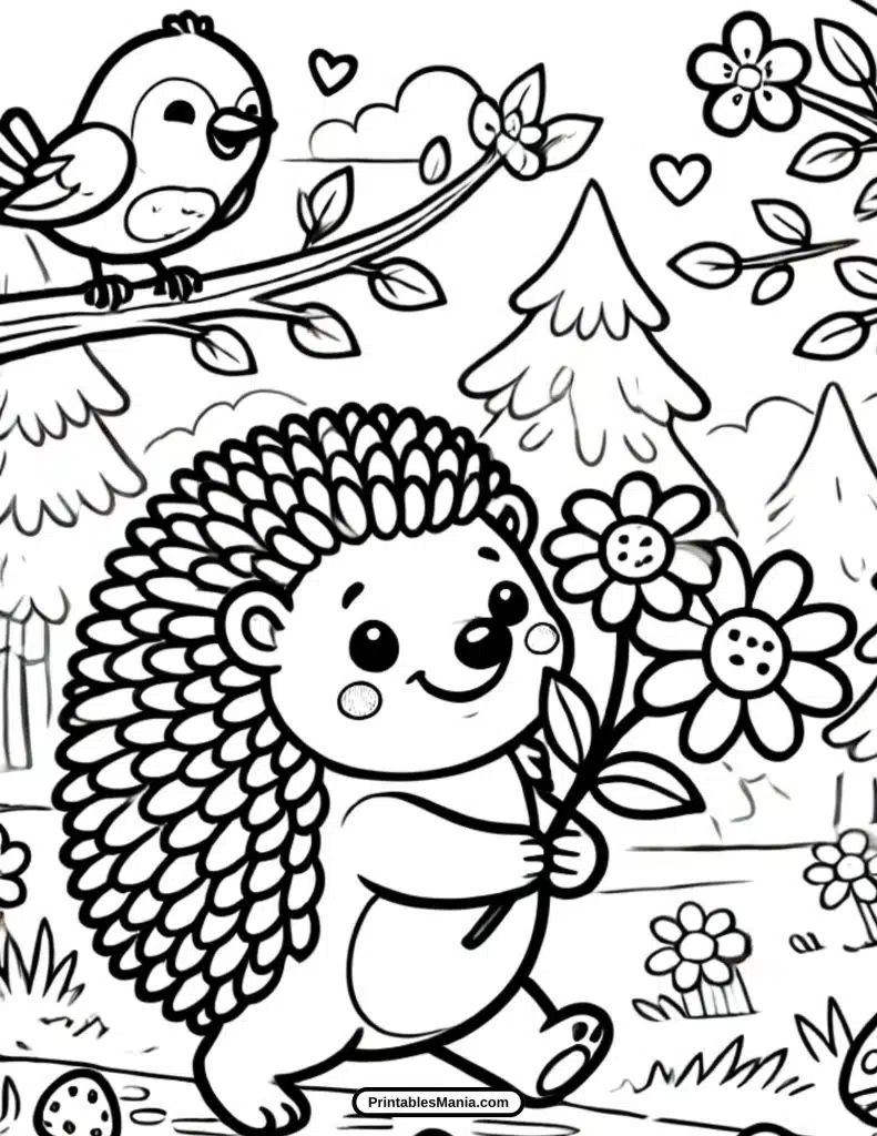 hedgehog hiding in a patch of flowers coloring sheet