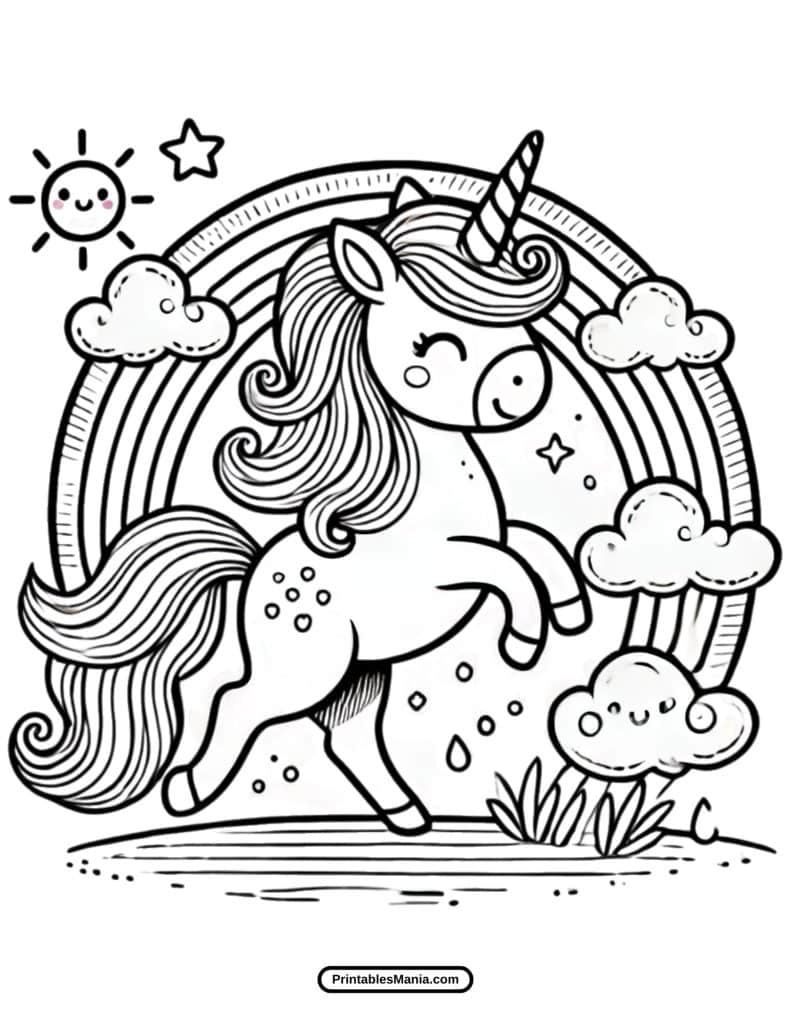 dancing unicorn under a rainbow coloring page