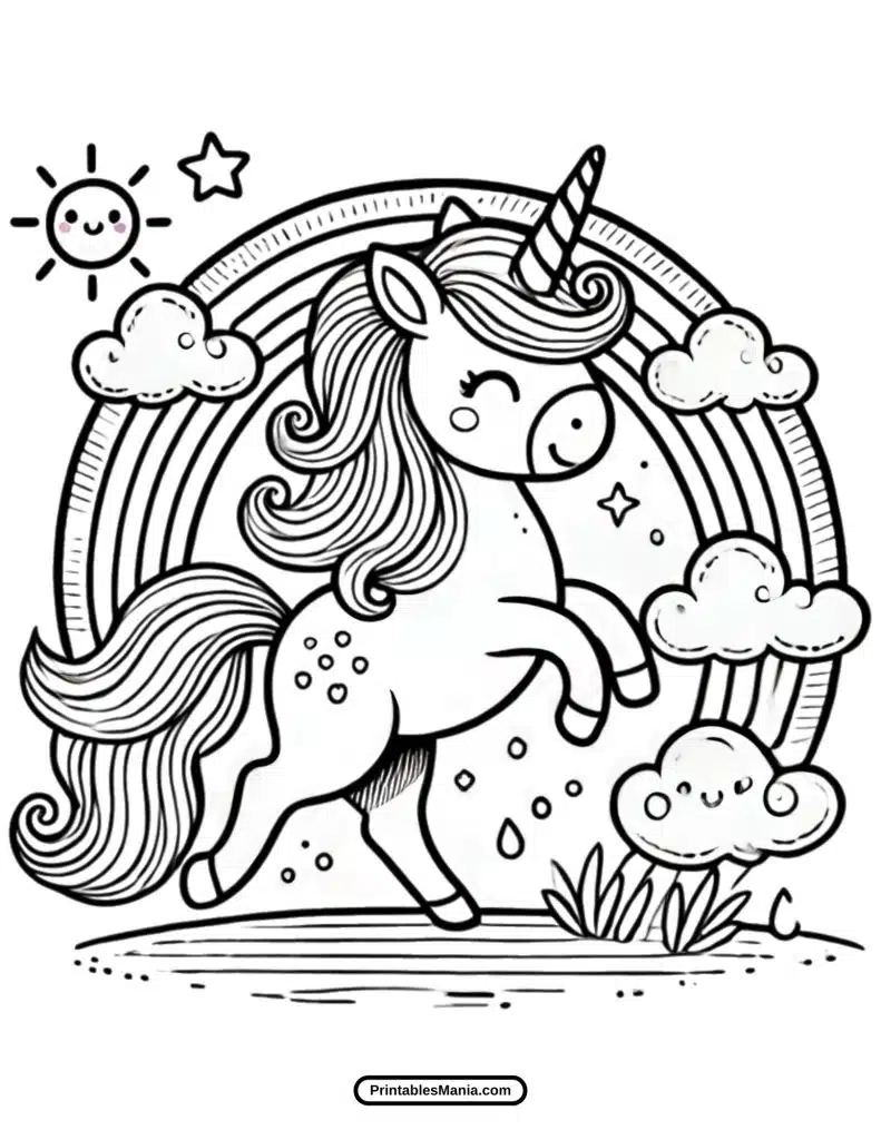 dancing unicorn under a rainbow coloring page