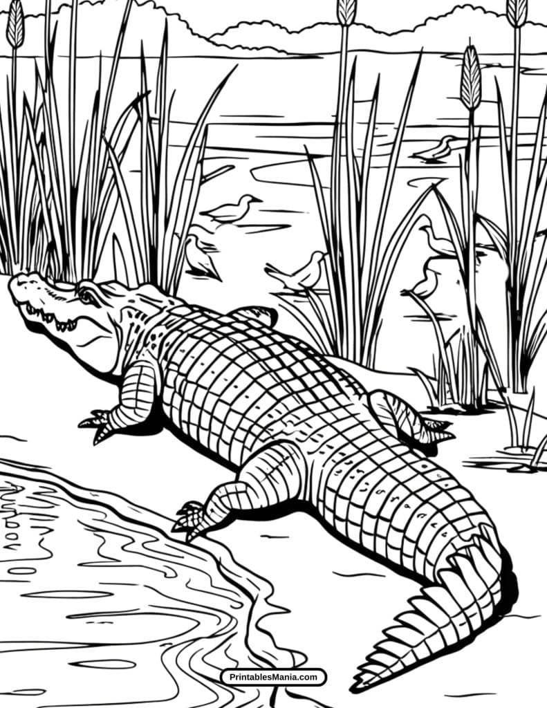 realistic crocodile resting on a log coloring page