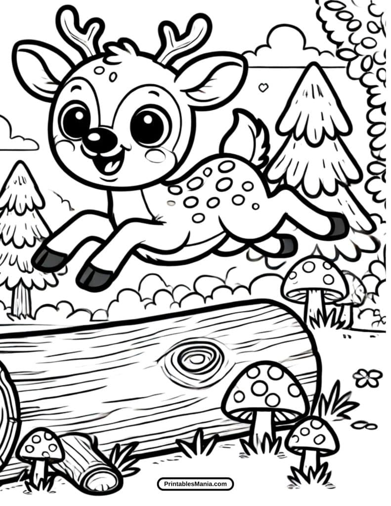 young deer leaping through trees coloring page