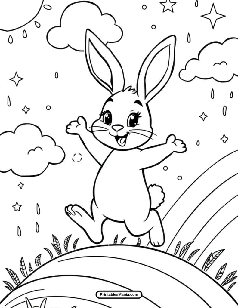 bunny and a rainbow coloring page for a cheerful theme