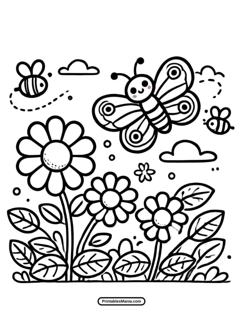 butterflies flying over a meadow coloring page