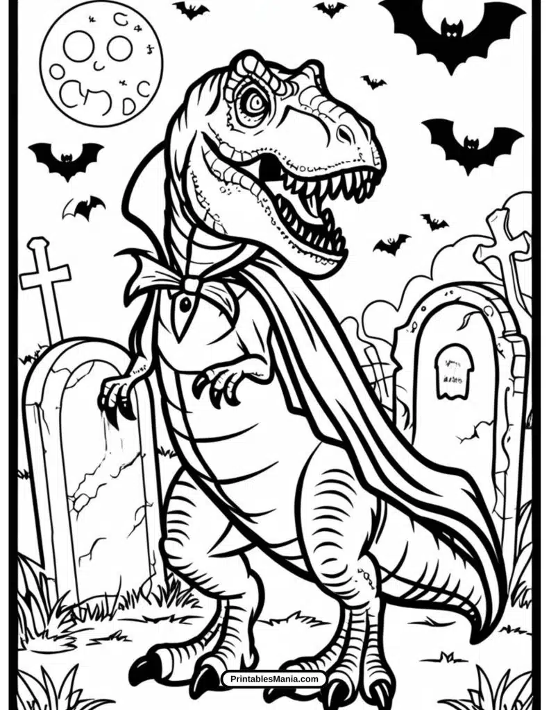 t-rex dressed as a vampire coloring page