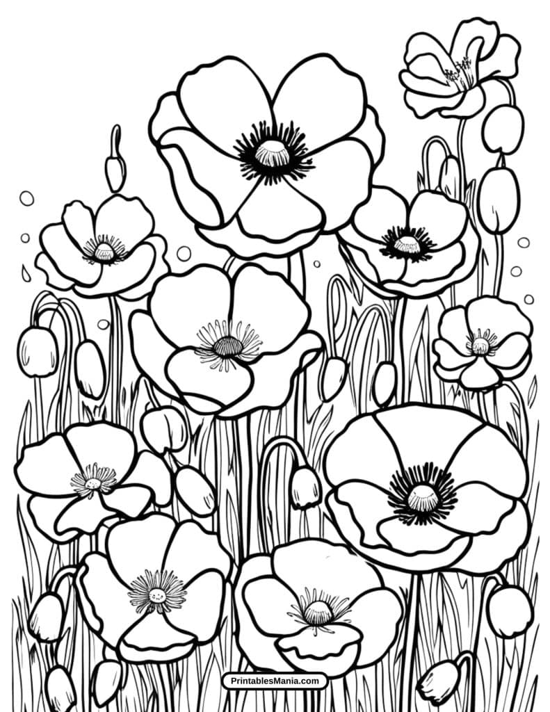 poppy flower coloring sheet with calming patterns