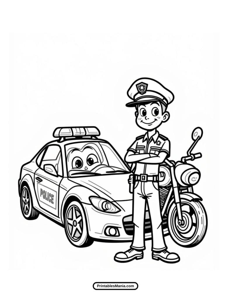 police car in a city street coloring page for realistic scenes