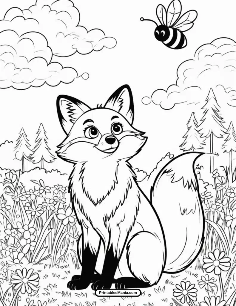 fox enjoying the sunshine in spring coloring page