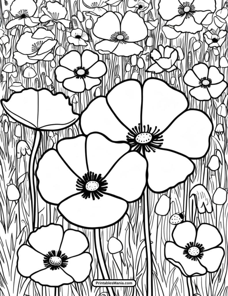 poppy garden coloring page with simple outlines