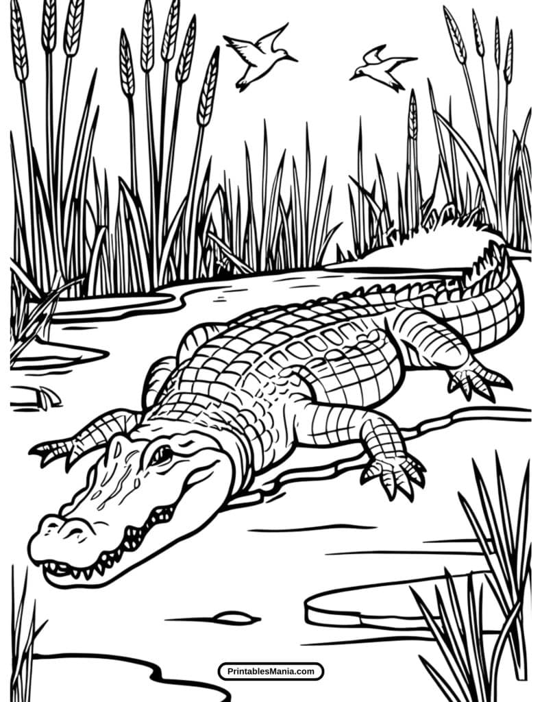 crocodile in tropical river coloring page to print