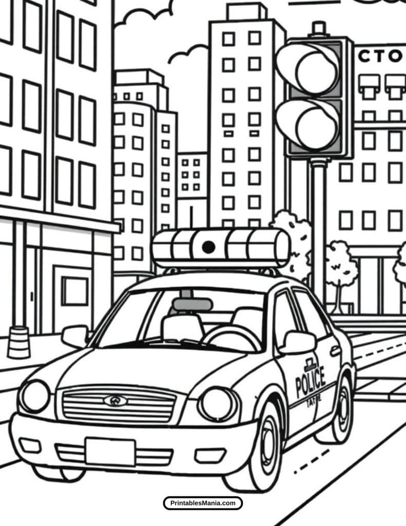 police car in a city street coloring page