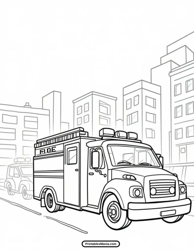 fire truck driving on road coloring page