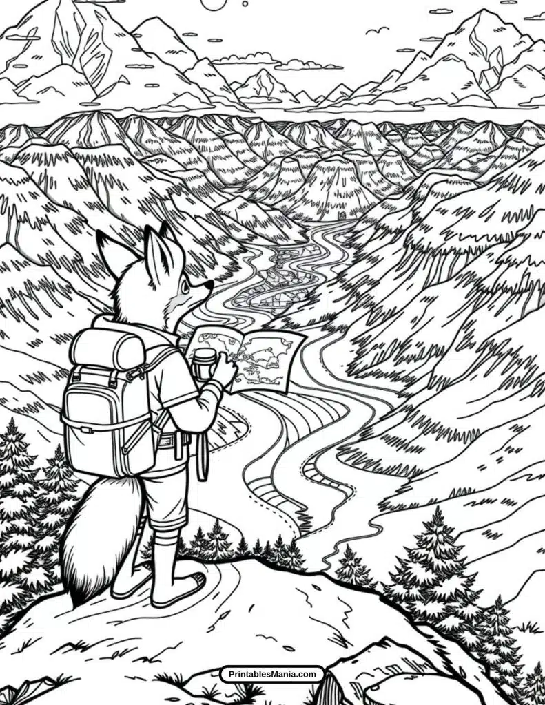 winter fox coloring sheet with snowflakes and pine trees