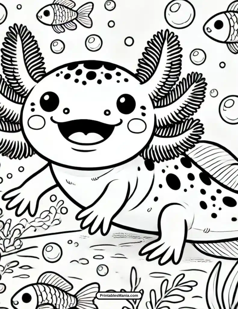 axolotl with big eyes and frilly gills coloring sheet