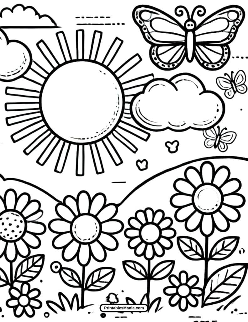 spring garden with butterflies coloring page