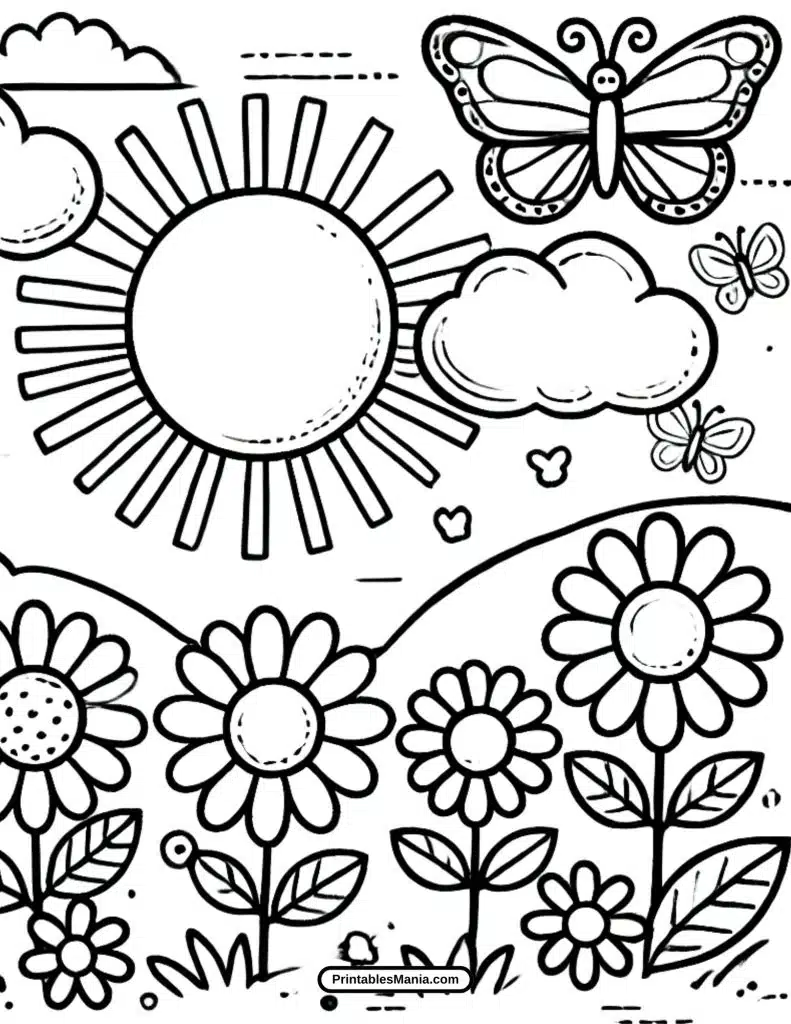 spring garden with butterflies coloring page