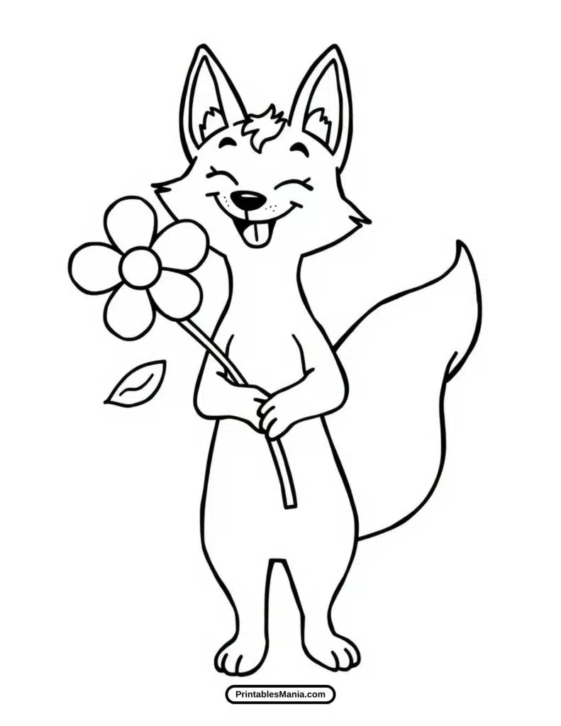 cute fox and flowers coloring page