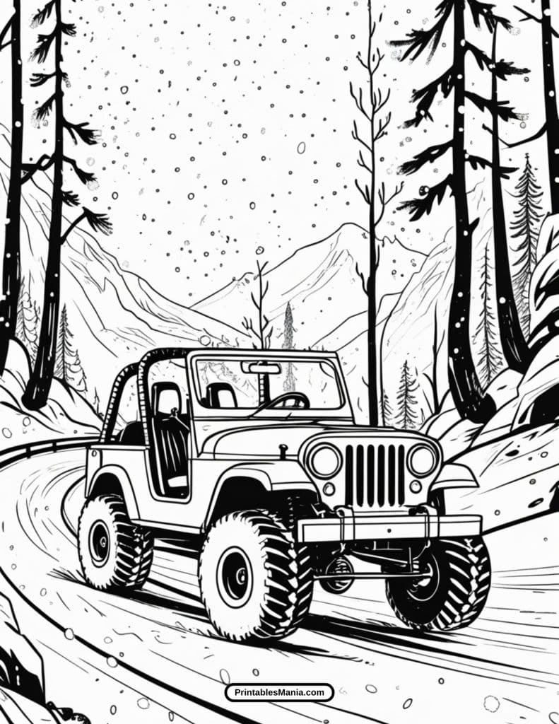 jeep and forest trees coloring scene