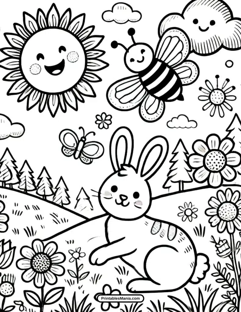 cute bunny hopping in a spring meadow coloring page