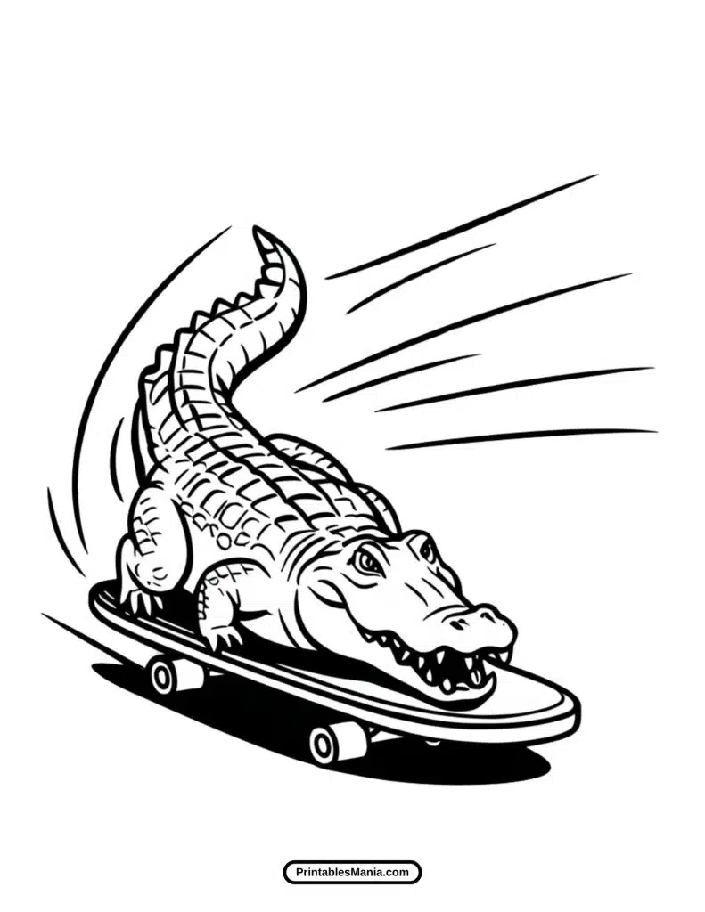 printable crocodile coloring page with playful scene