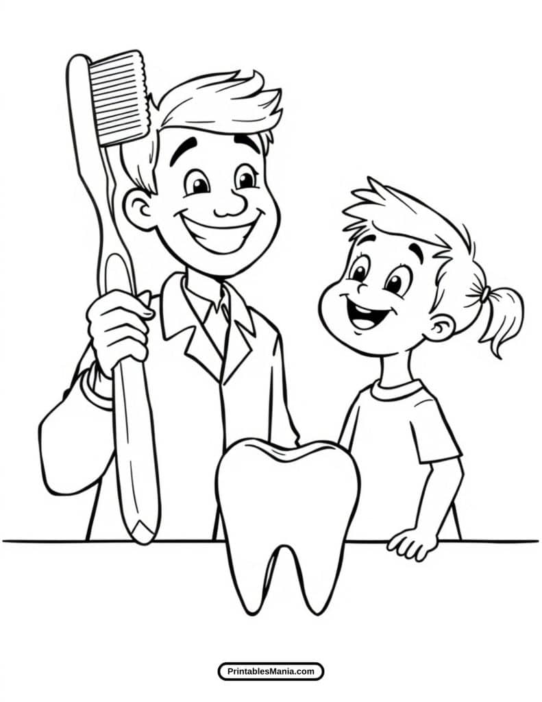 dentist explaining dental care coloring sheet for kids