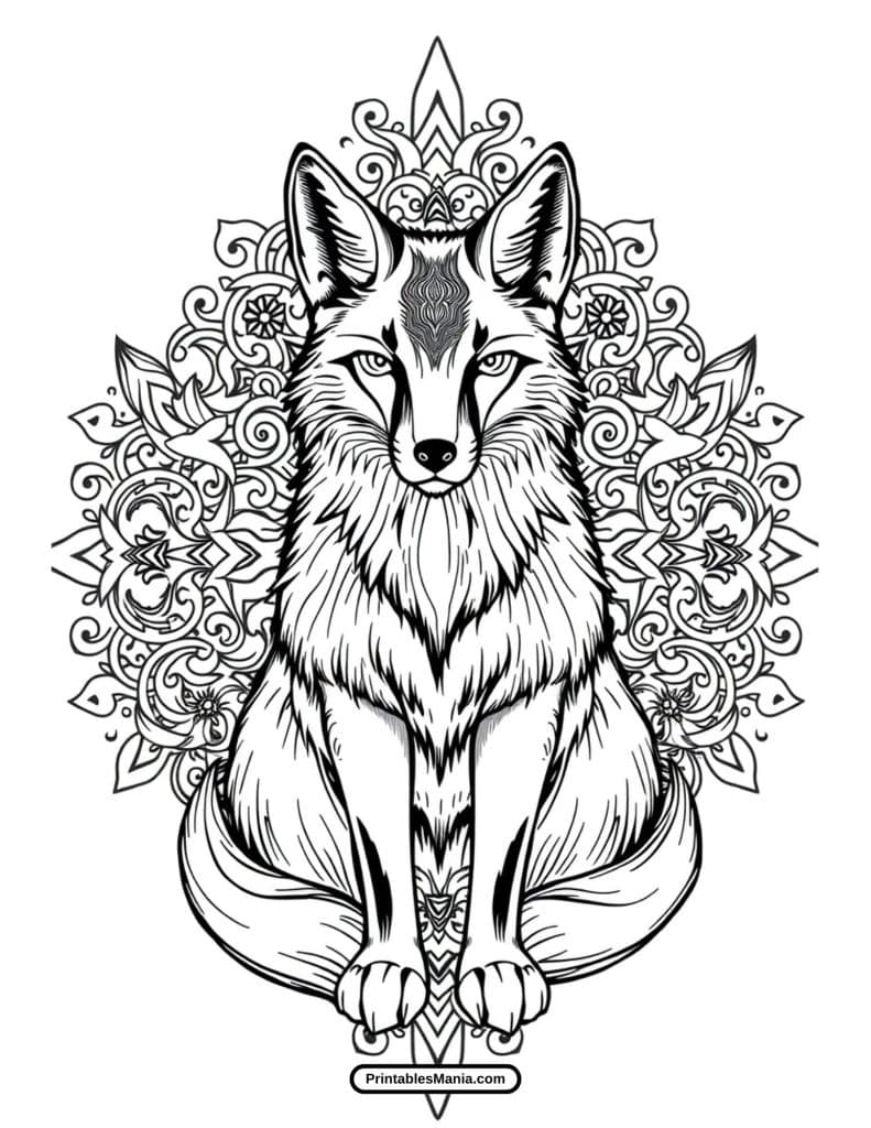 mandala fox coloring sheet with intricate designs for adults