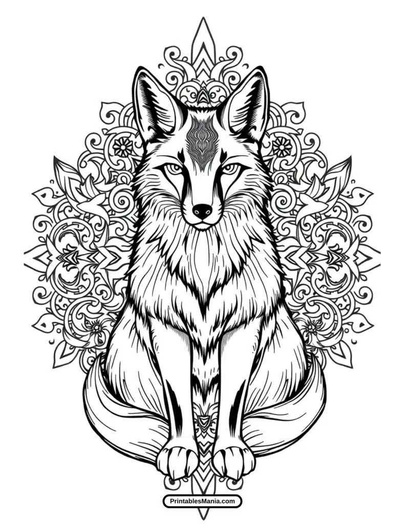 mandala fox coloring sheet with intricate designs for adults