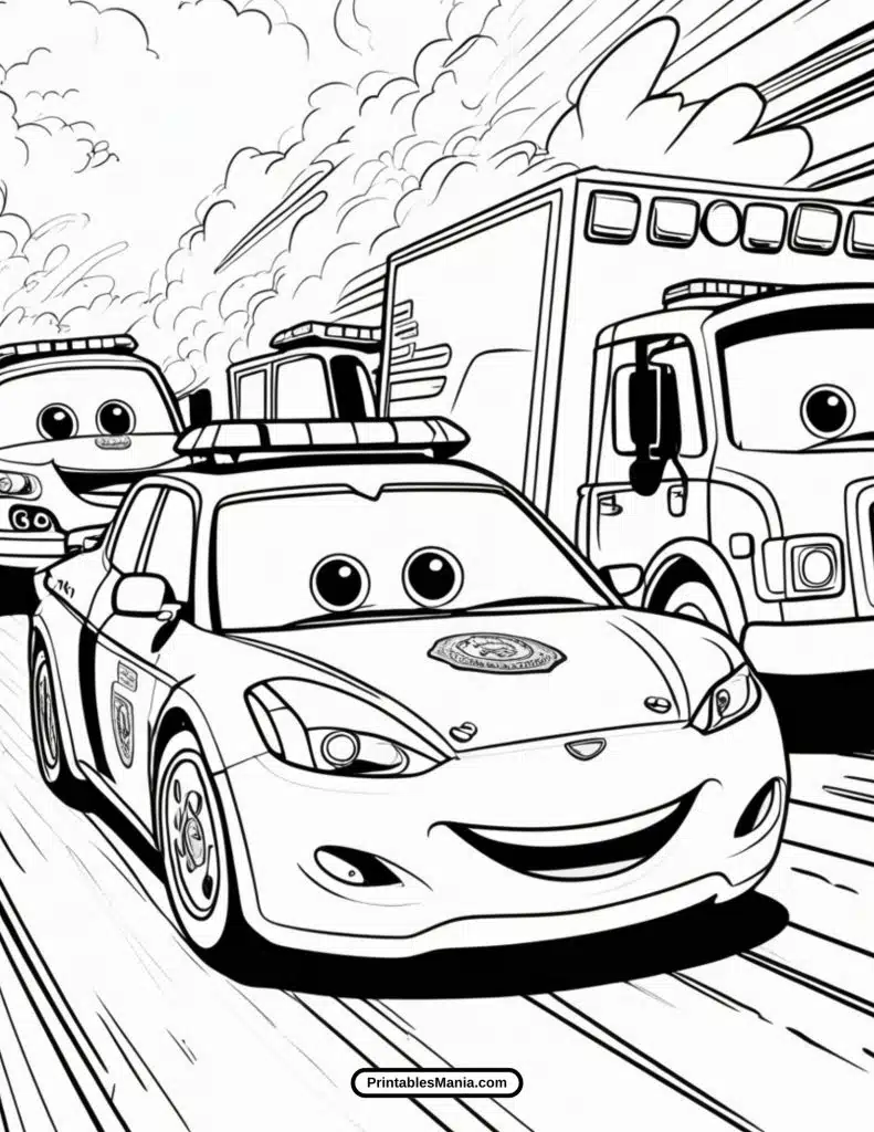 fast police car coloring page with a highway chase scene